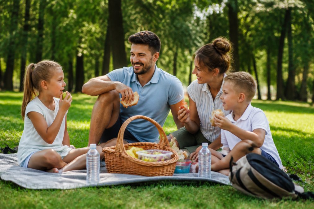 Rodzina siedząca na trawie w parku, jedzące lunch, z picnikiem i butelkami wody, dzieci jedzą owoce i chleb, naturalne światło słoneczne