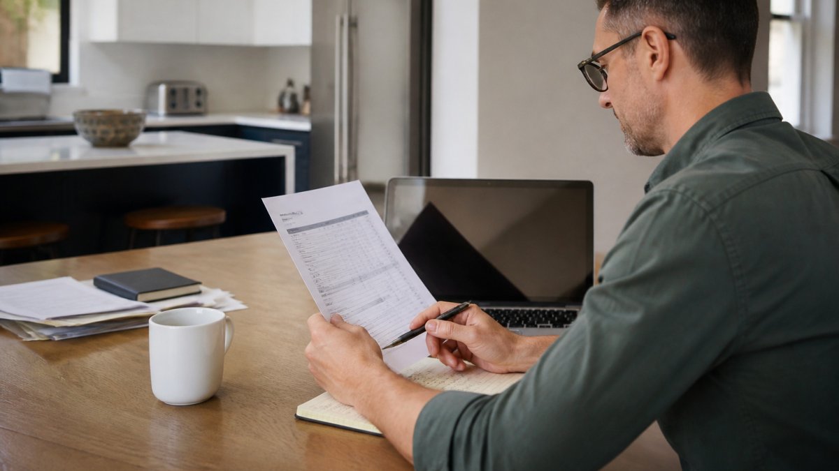 Infographic showing a property owner reviewing financial reports for a property management comparison process
