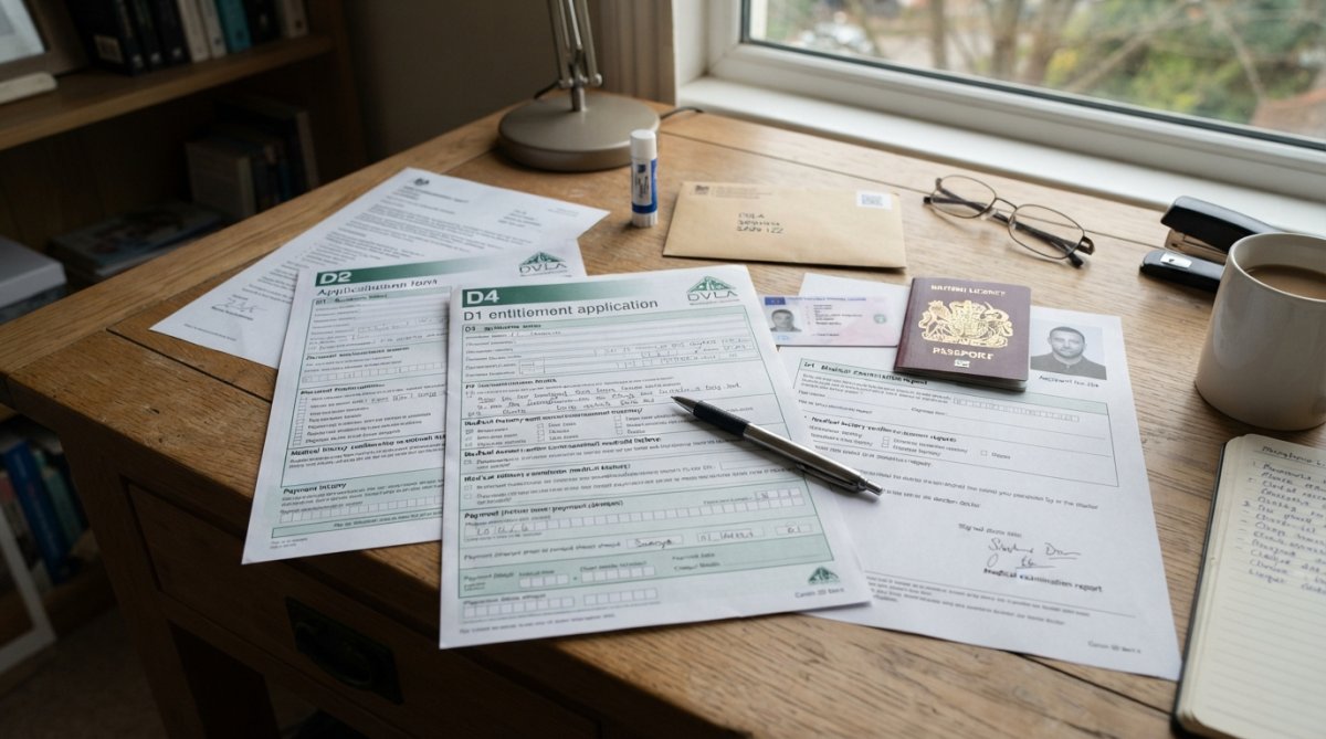 Person sitting at desk completing D1 application form with pen, DVLA guidance document, passport-sized photograph, and photocard licence visible on desk surface