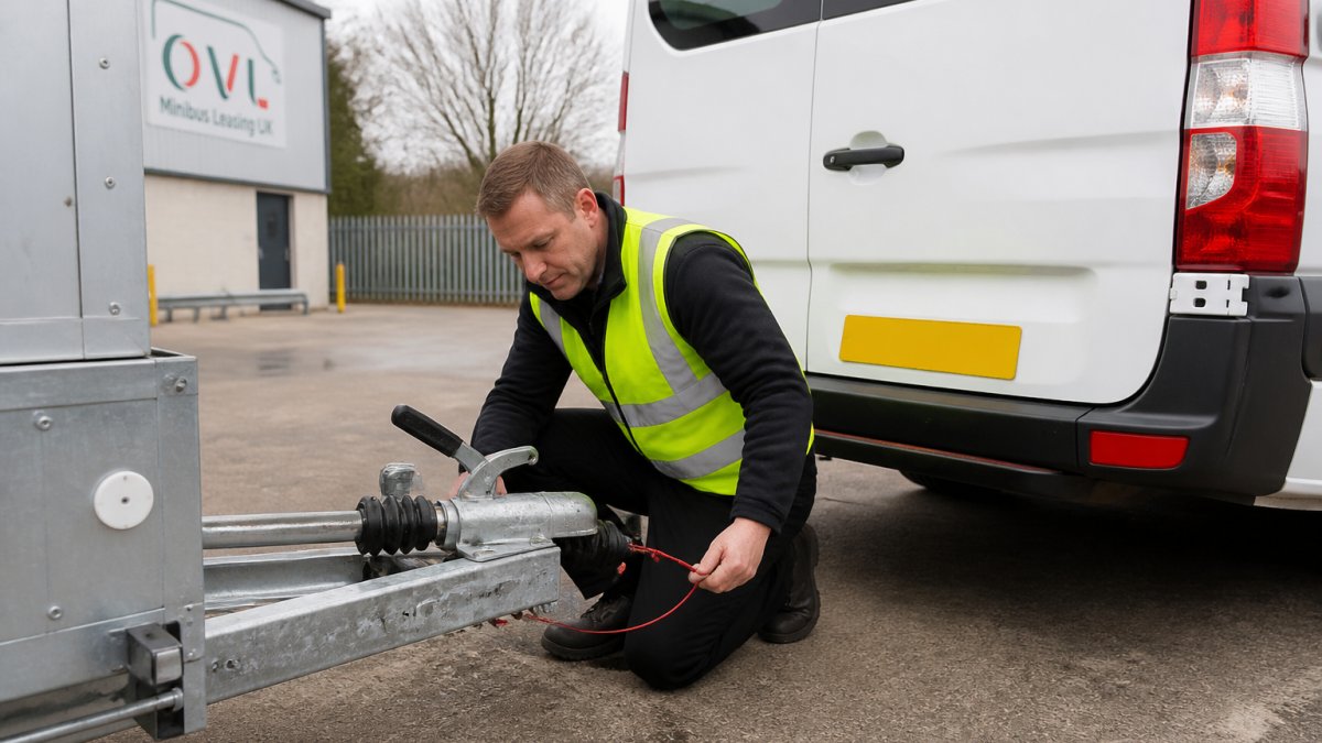 A driver in a high-visibility vest performing a visual inspection of a trailer coupling and safety breakaway cable attached to a white minibus, in a well-lit vehicle yard