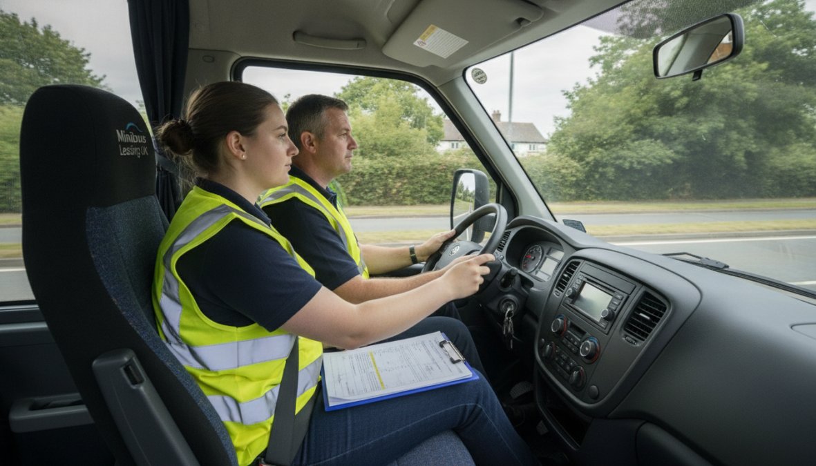 Professional driving instructor and learner driver in a minibus during a practical driving lesson, both focused on the road ahead with concentrated expressions