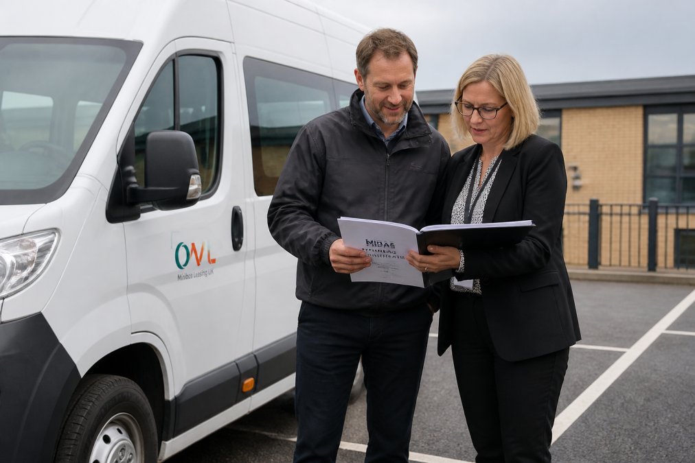 A school business manager and a minibus driver reviewing a MiDAS training certificate and driver handbook together beside a modern school minibus in a car park, overcast daylight