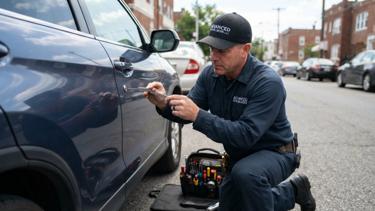 Professional locksmith holding credentials and insurance certificate documents with uniform and tools visible on work table