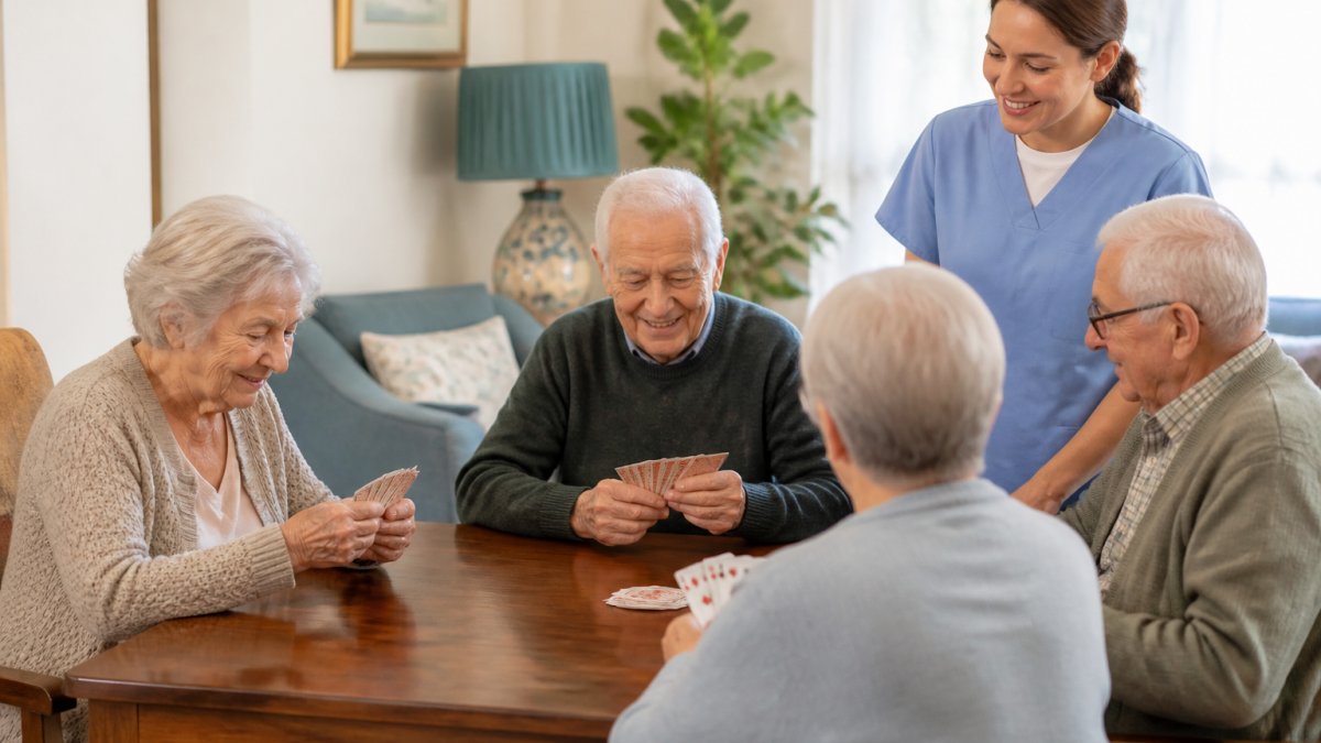 Caregiver observing seniors playing cards during daily activities for memory care residents in a bright living room.