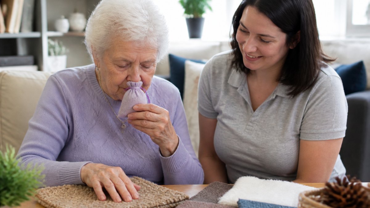 An older adult with dementia gently touching a textured fabric square and smelling a small lavender sachet while a caregiver sits nearby in a bright, home-like living room