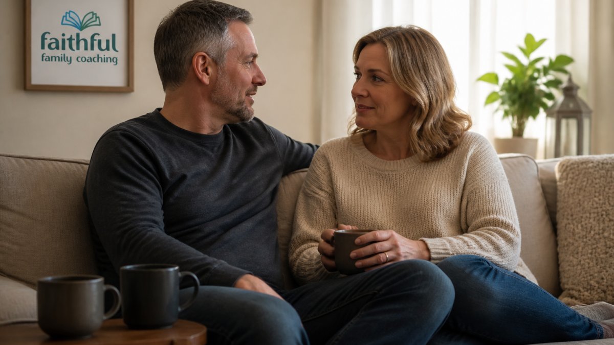 A married couple in their forties sitting close on a living room couch, coffee mugs on the side table, talking quietly in warm morning light