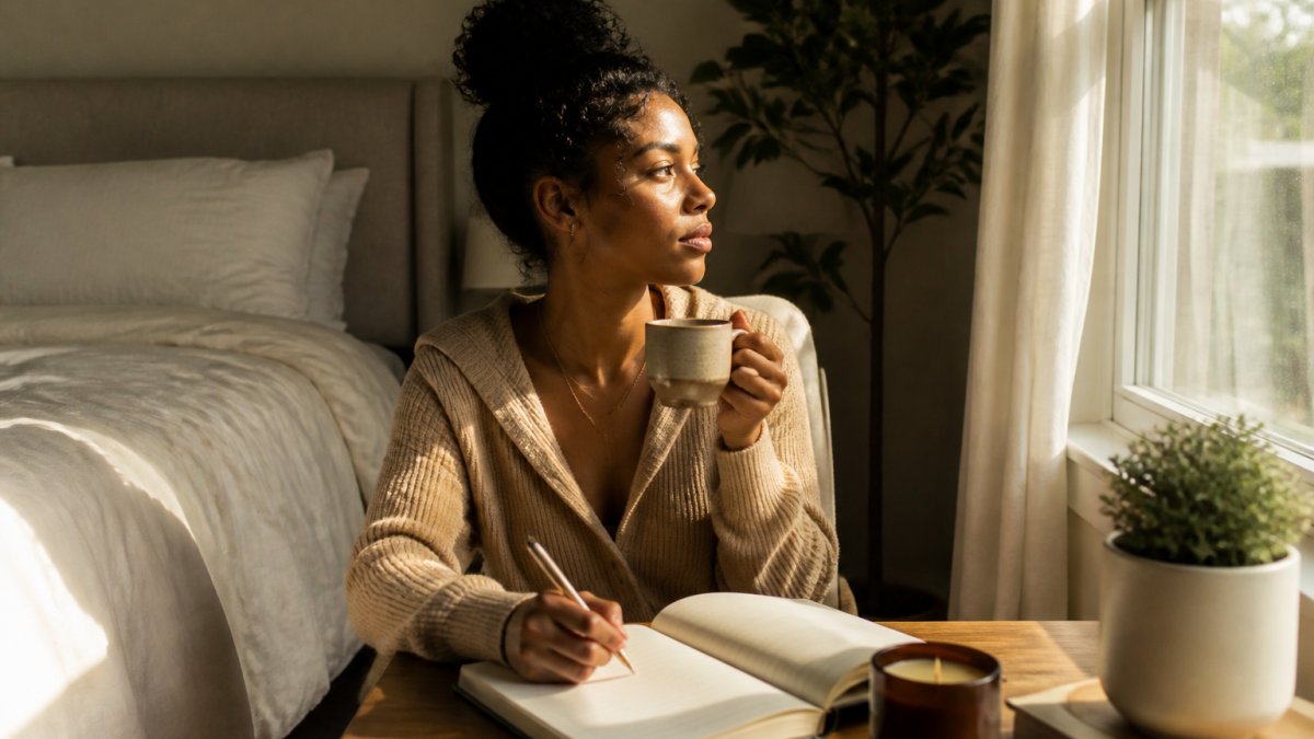 Woman sitting with warm beverage, journaling affirmations in quiet morning space with natural light streaming through window