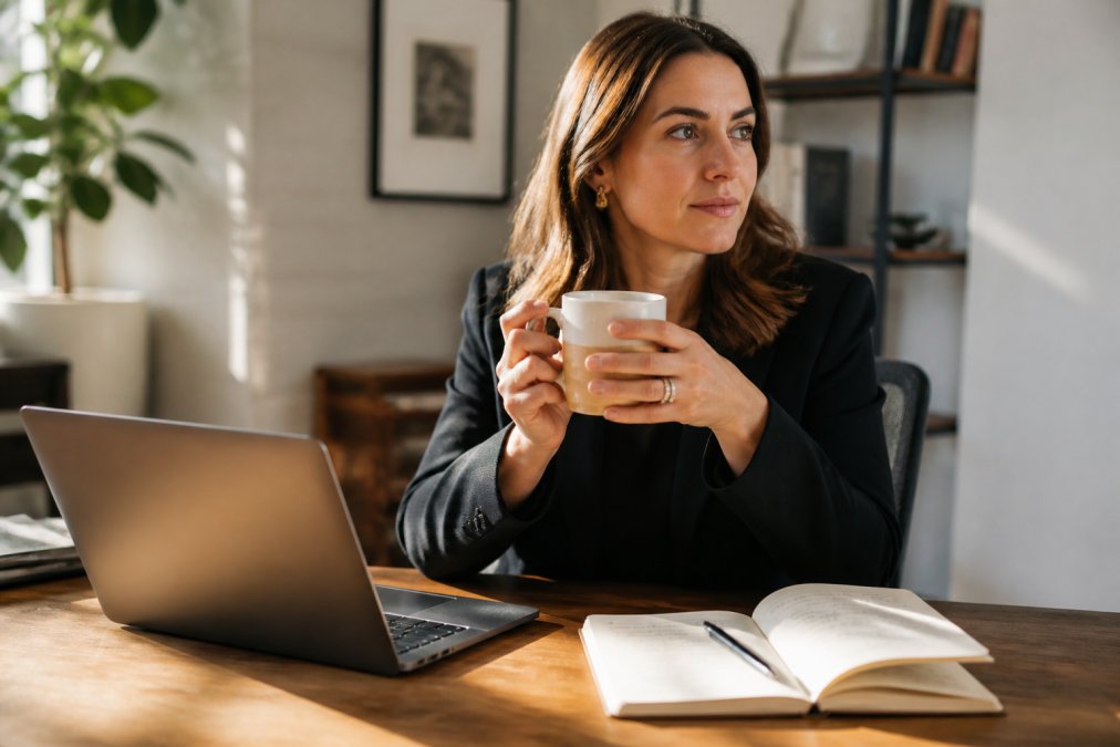 Professional woman sitting at a sunlit desk with a notebook of handwritten affirmations and a ceramic mug
