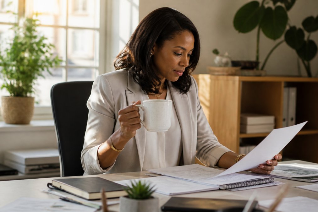 Female manager sitting at her desk in morning light, holding an inspirational coffee mug while reviewing documents with focused, confident expression