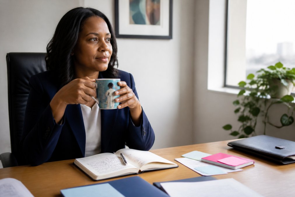 Woman in professional attire holding an inspirational mug at her desk, with journal and notes visible, moment of self-reflection and affirmation in natural office lighting