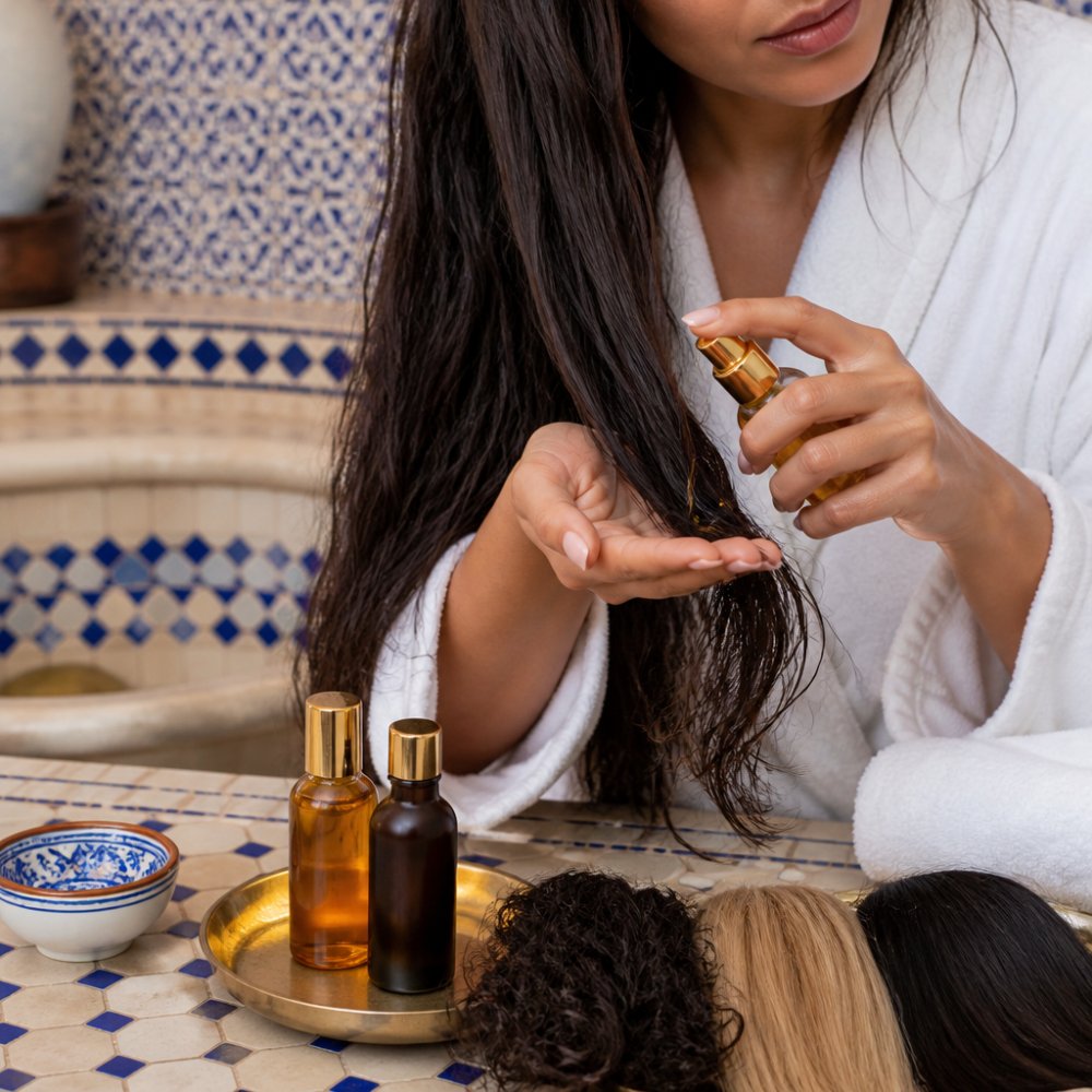 Infographic showing proper application techniques for daily argan oil use across curly, fine, and thick hair.