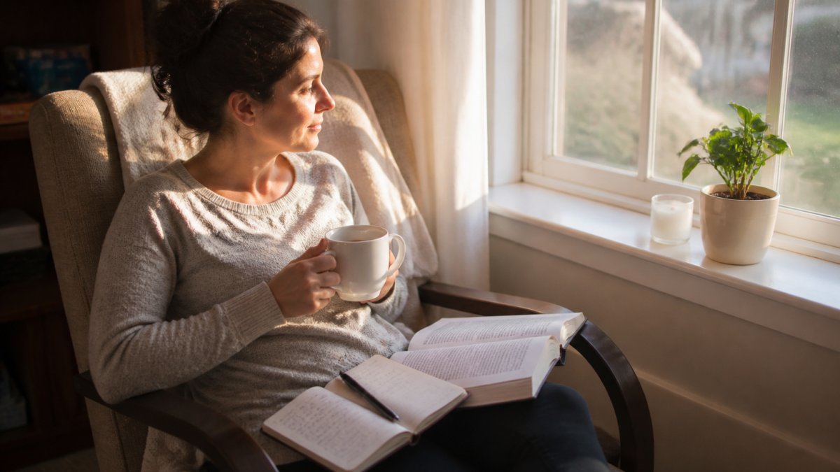 Mother sitting peacefully with an open Bible and journal on her lap, holding a warm cup of coffee in soft morning light streaming through a window, seated in a comfortable chair