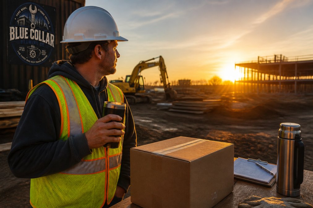 A construction worker in a reflective vest and hard hat holding a travel mug beside a delivery box on a job site at sunrise, with a thermos and clipboard visible in the background