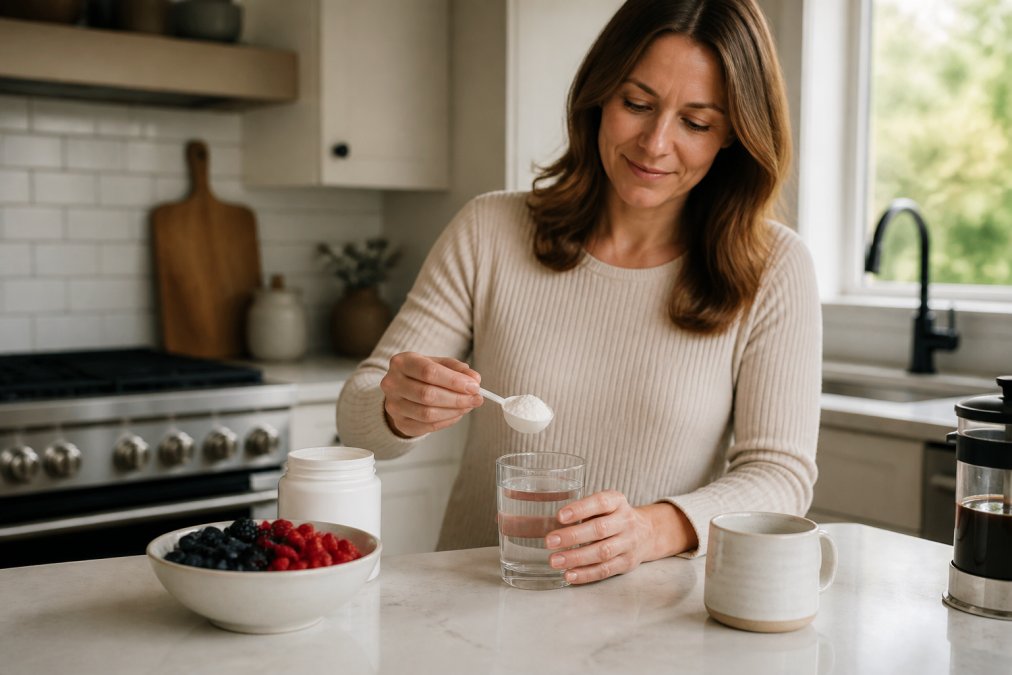 A woman in her 40s in a bright kitchen scooping unflavored collagen powder into a glass of water, with a bowl of berries and a cup of coffee on the counter