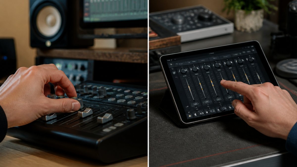 Close-up of hands adjusting physical knobs and faders on an audio interface in a home studio setting, with a computer monitor displaying audio software in the background