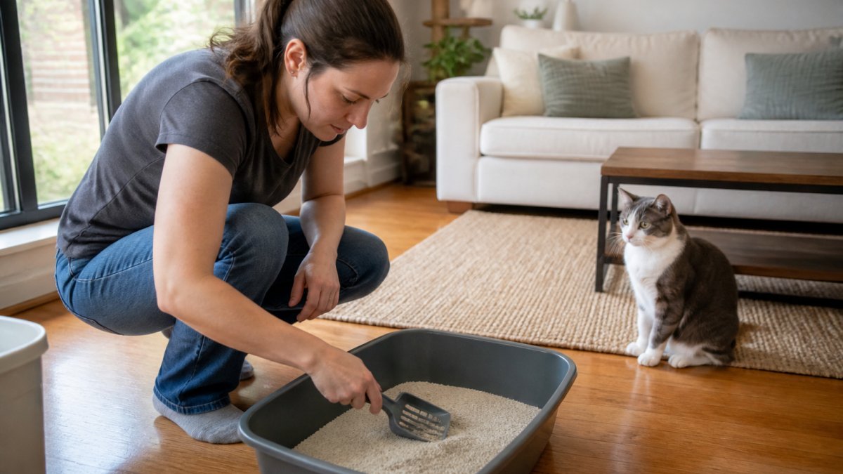 A cat sitter crouching on a living room floor scooping a litter box while a curious indoor cat watches from a few feet away, bright natural light from a window