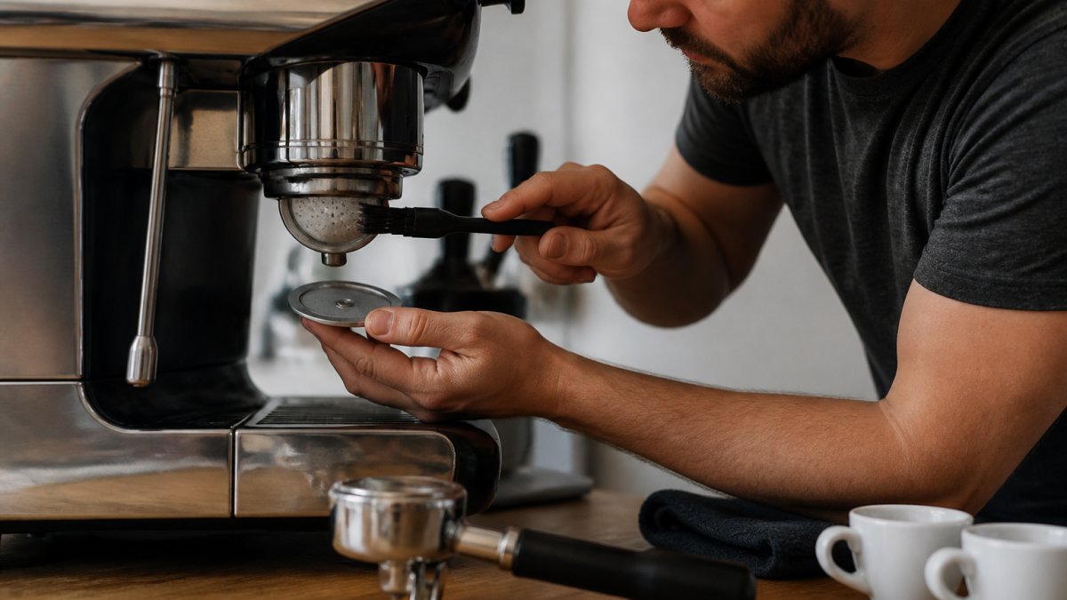 Close-up of hands cleaning an espresso machine group head with a backflush disc and brush on a kitchen counter, with a portafilter and espresso cups nearby