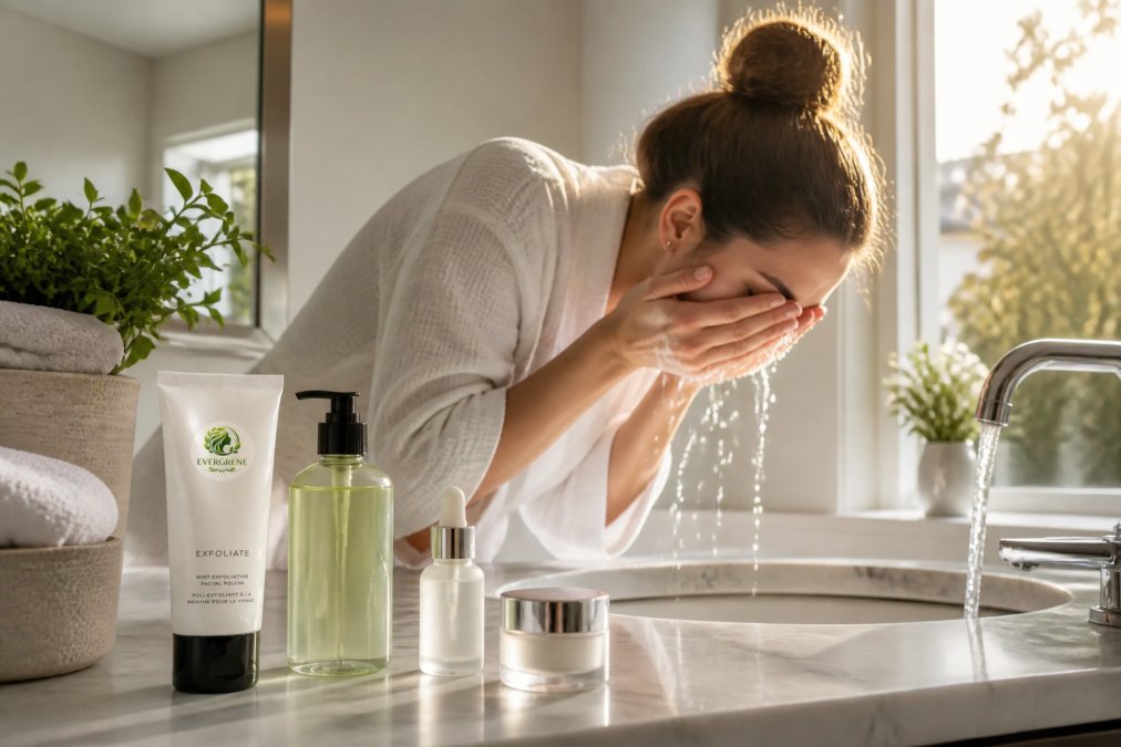 Busy mom in a bright bathroom applying gentle cleanser to her face with lukewarm water, morning sunlight streaming through the window, skincare products neatly arranged on the white marble counter