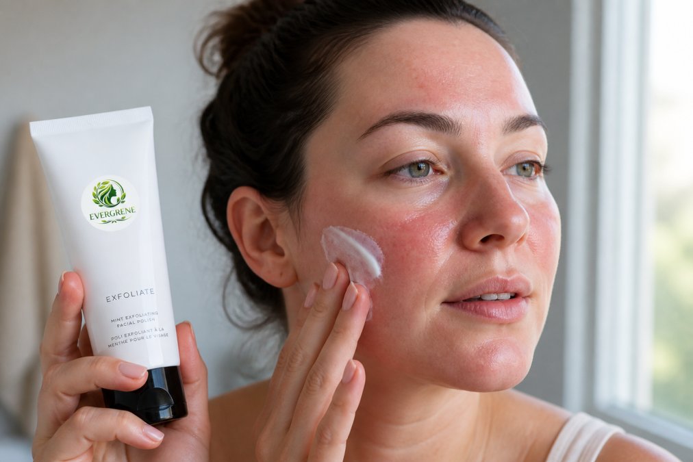Close-up of a woman's face showing visible redness and irritation on cheeks and forehead, with a soothing moisturizer being gently applied with fingertips, soft natural window lighting