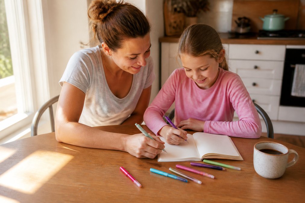 Infographic outlining age-appropriate gratitude journal prompts for children sitting at a kitchen table.