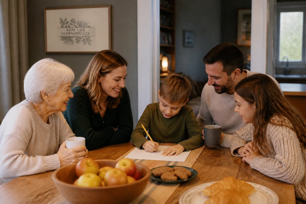 Family of different ages sitting around a dinner table together, with a child writing or drawing on paper while parents and siblings listen warmly and engaged