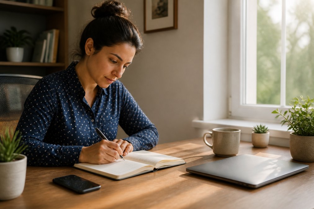 Professional working in a quiet home office, using daily habits for career success to focus on a planner.