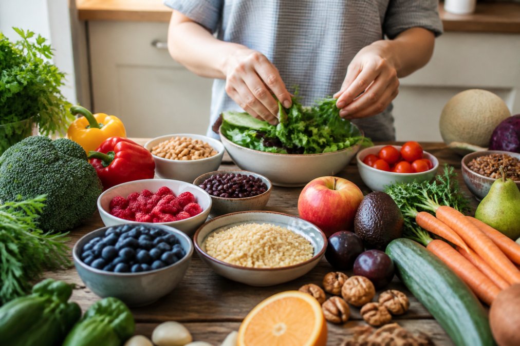 A colorful spread of fresh vegetables, fruits, whole grains, and legumes arranged on a wooden kitchen counter, with a person's hands adding greens to a bowl, natural daylight