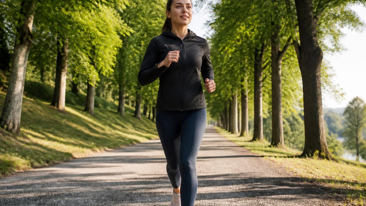 Person jogging on tree-lined path in morning sunlight with clear sky, wearing comfortable athletic clothing