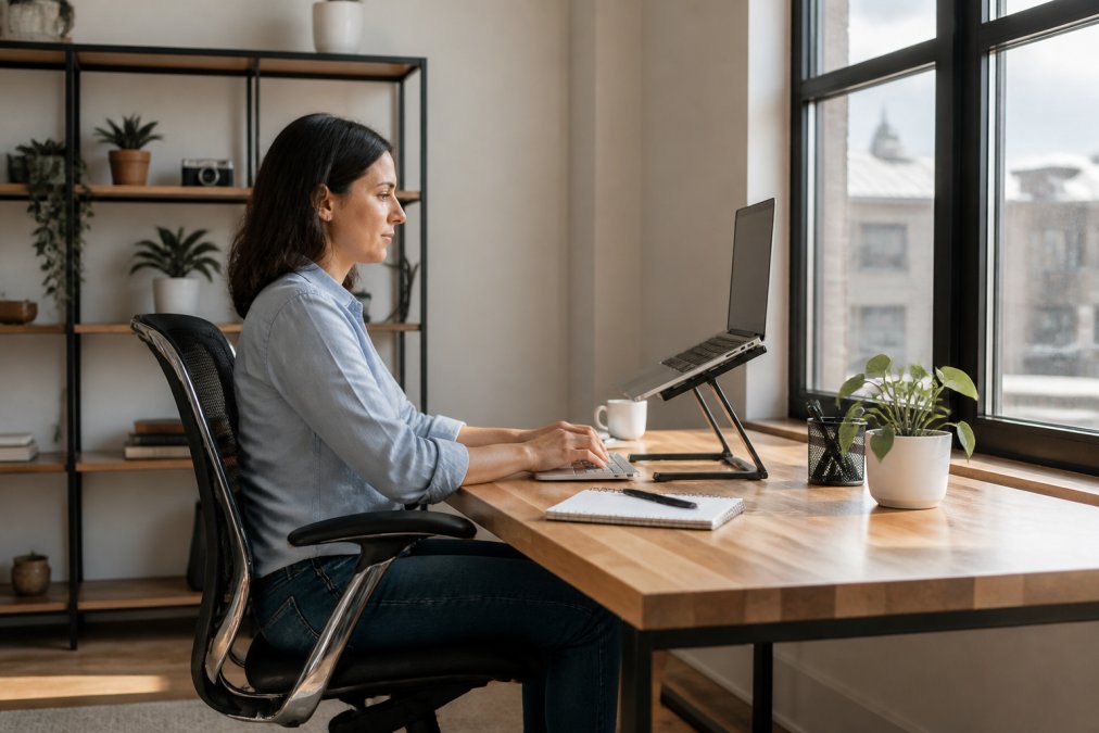 A person sitting at a tidy desk with a laptop raised to eye level on a stand, proper chair posture, and soft natural light from a nearby window