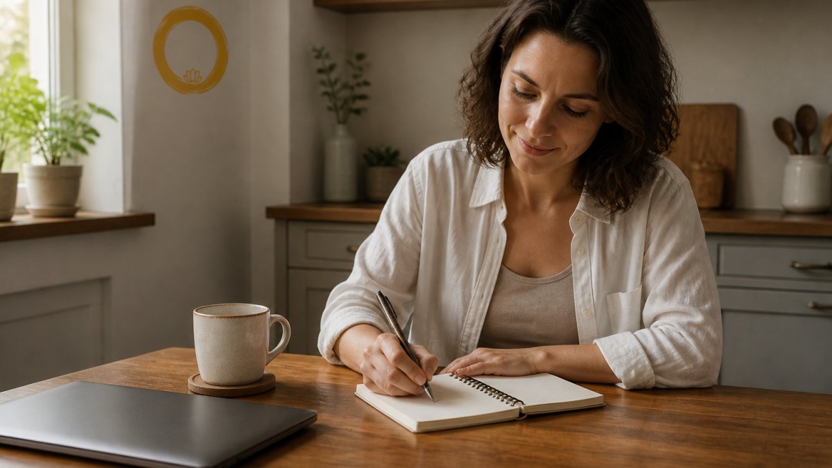 A calm professional at a kitchen table in the early morning, writing a short to-do list in a notebook beside a cup of tea and a closed laptop