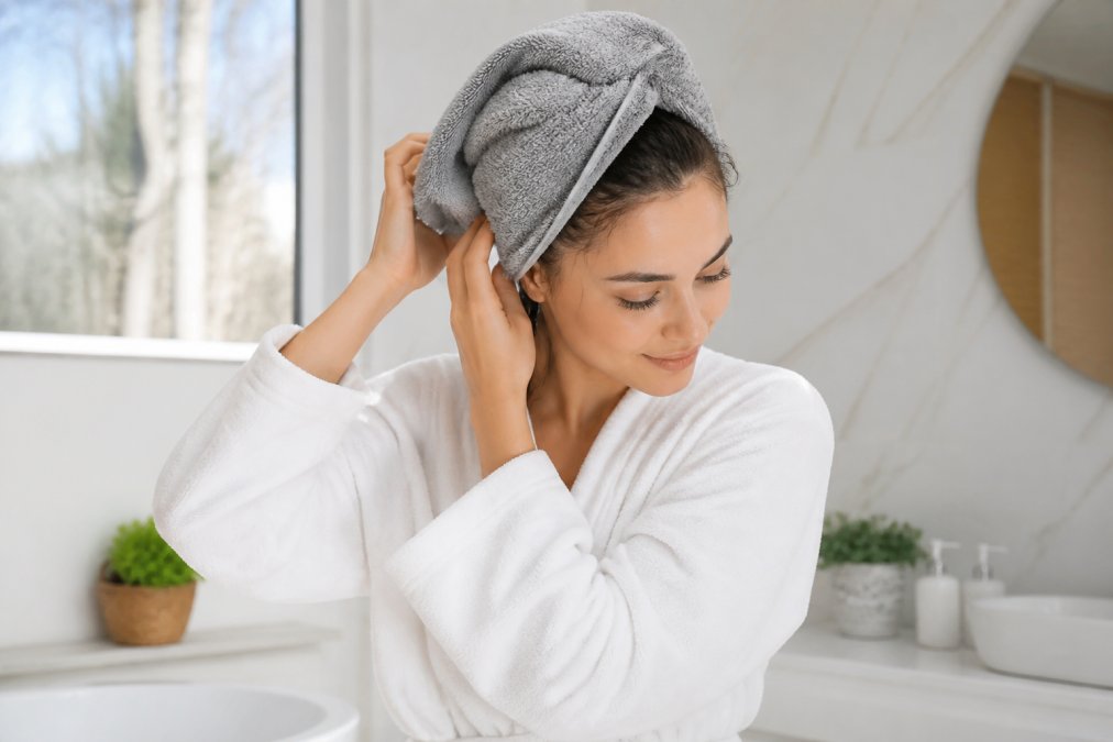 A woman with long hair gently wrapping a microfiber towel around her head in a bright, minimalist bathroom with soft natural light