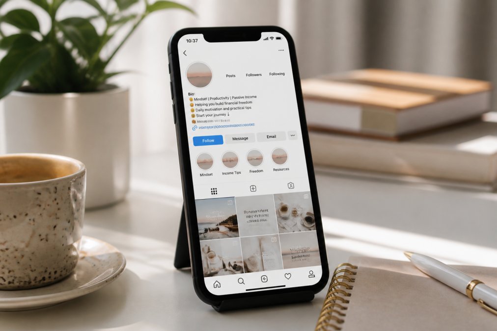 Smartphone screen displaying a well-optimized faceless Instagram profile with clear niche statement in bio, branded profile graphic, and visible link-in-bio call-to-action on white desk with natural morning light