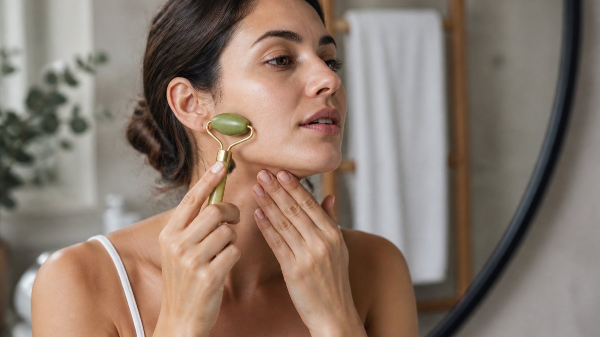 Woman using a facial stone roller with upward strokes to perform lymphatic drainage massage on her cheeks