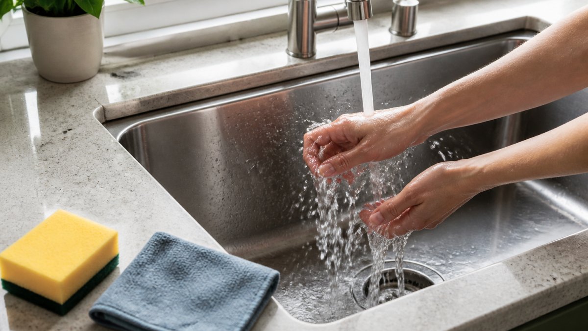 Close-up of hands rinsing a stainless steel kitchen sink basin with hot water from the faucet, with a sponge and cleaning cloth visible on the counter nearby