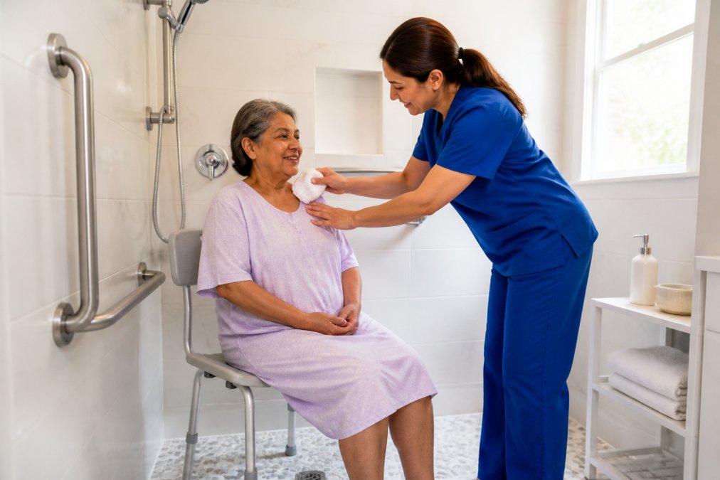 Professional caregiver assisting an older adult with personal hygiene in a bright, accessible bathroom equipped with grab bars, shower seat, and safety features