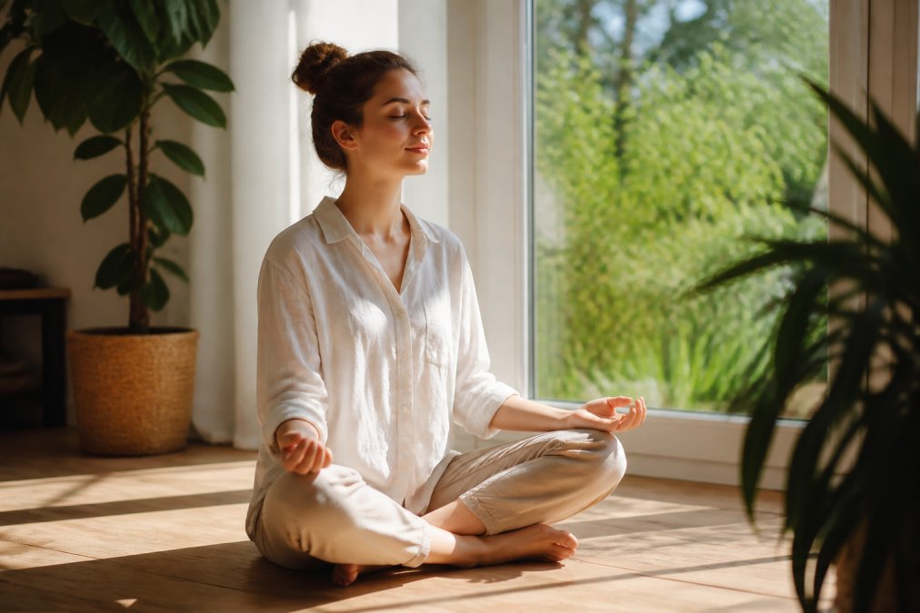 Person sitting cross-legged by a sunlit window with closed eyes, hands resting gently on their knees, demonstrating calm meditation posture in a serene, minimalist room
