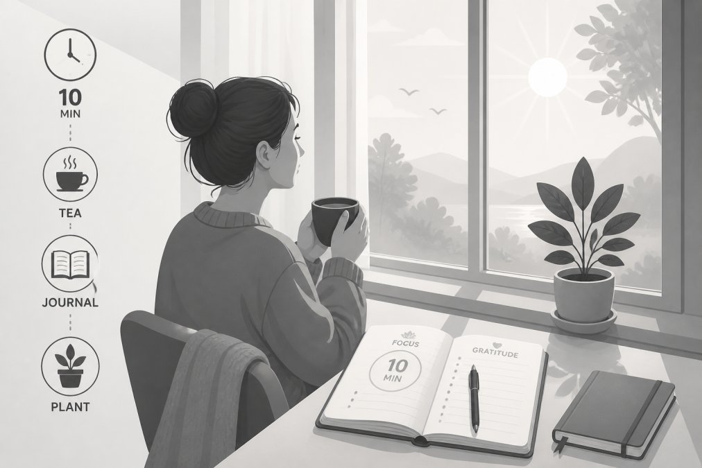 Morning scene with someone sitting by a window with a warm cup of tea, an open journal, and a potted plant on the sill, showing an intentional mindfulness setup with soft natural light