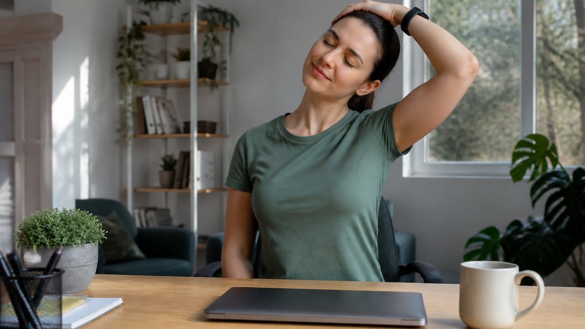 Remote worker at home desk performing seated neck stretch, showing proper posture with shoulders relaxed and chin aligned, natural window lighting in background