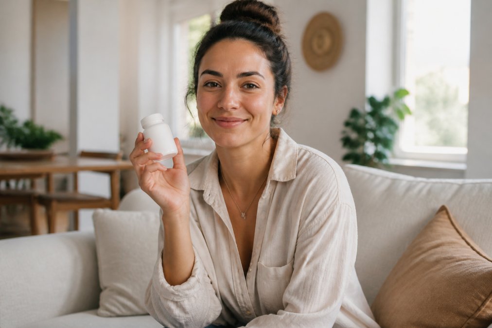 Woman in comfortable home setting holding a probiotic capsule bottle, looking confident and relaxed in natural daylight