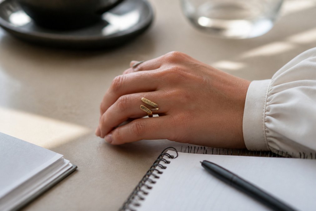Close-up of a woman's hand resting on a desk beside a notebook, wearing a simple gold-tone open-wrap ring with engraved words, soft natural light, calm professional setting