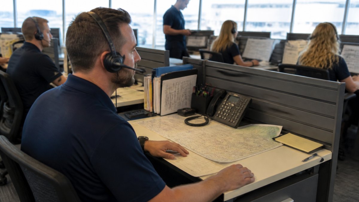 Dispatcher monitoring flight data on radar screens as part of the daily responsibilities of an airline flight dispatcher