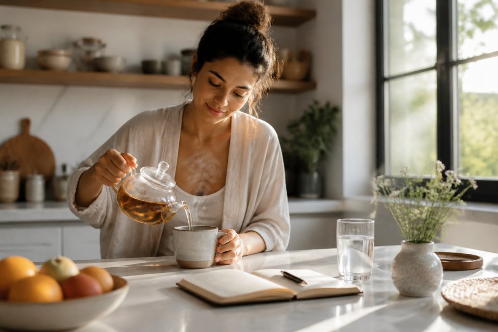 A woman in a sunlit kitchen pouring steaming herbal tea into a ceramic mug, with a small journal and pen on the counter beside a glass of water, creating a calm morning ritual scene