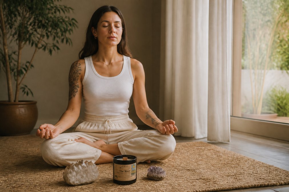 Person sitting cross-legged in a peaceful indoor space with soft natural light filtering through a window, hands resting gently on knees, eyes closed in a meditative state, with crystals placed nearby on the floor