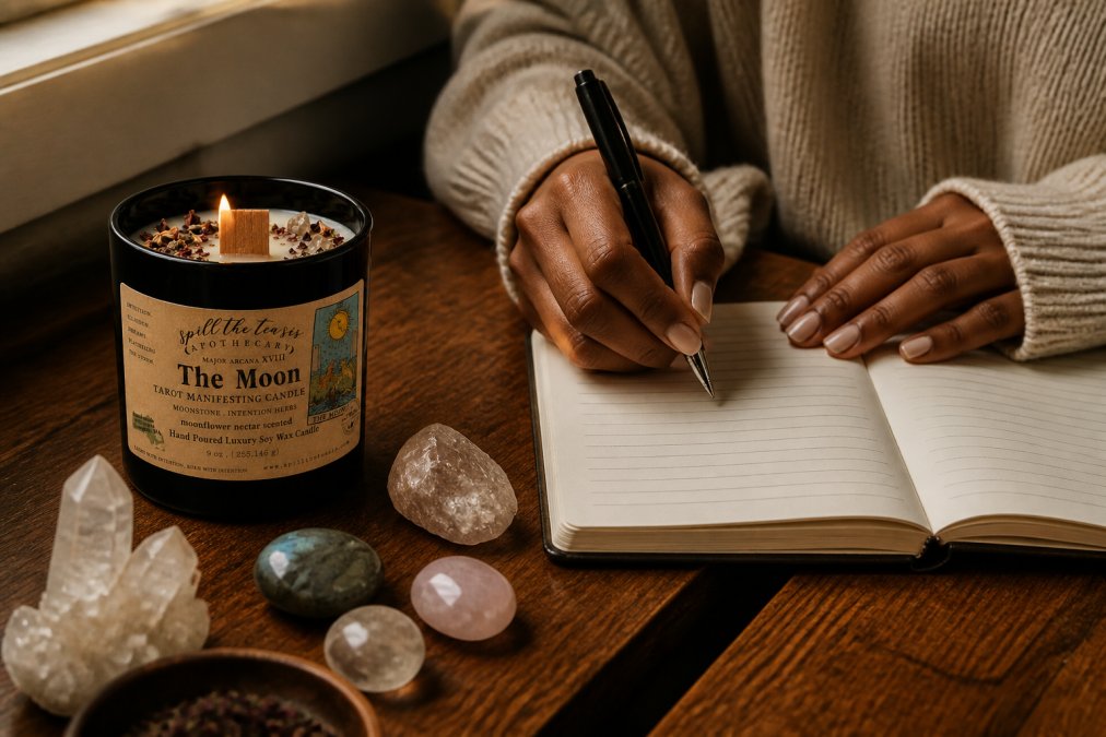 Hands holding a pen over an open journal with candlelight glowing nearby, crystals arranged on the desk surface, warm ambient lighting creating a peaceful atmosphere