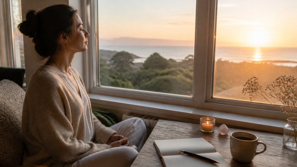 Person sitting peacefully by a window at sunrise, hands gently placed on their lap, with soft morning light streaming in, a journal and cup of tea nearby on a wooden table