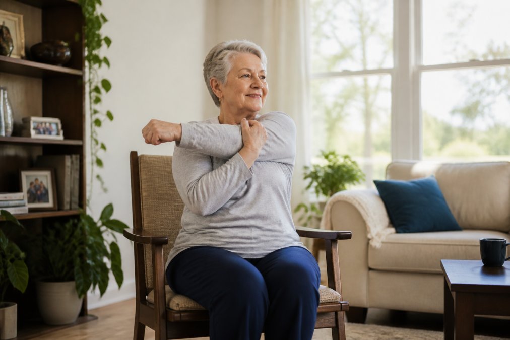 An older adult doing gentle seated stretches in a bright, warm living room with a sturdy chair, plants and natural light, looking calm and confident