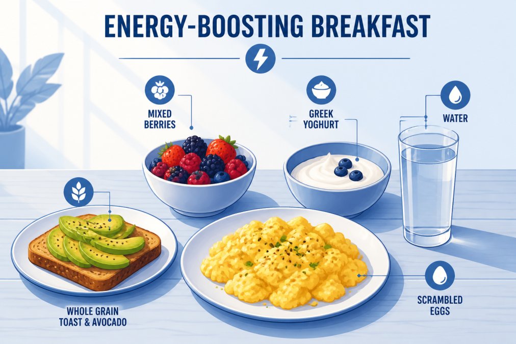 Nutritious breakfast spread on a wooden table in natural morning light, featuring scrambled eggs, whole grain toast with avocado, a bowl of mixed berries, Greek yoghurt, and a tall glass of water, warm sunlight illuminating the food