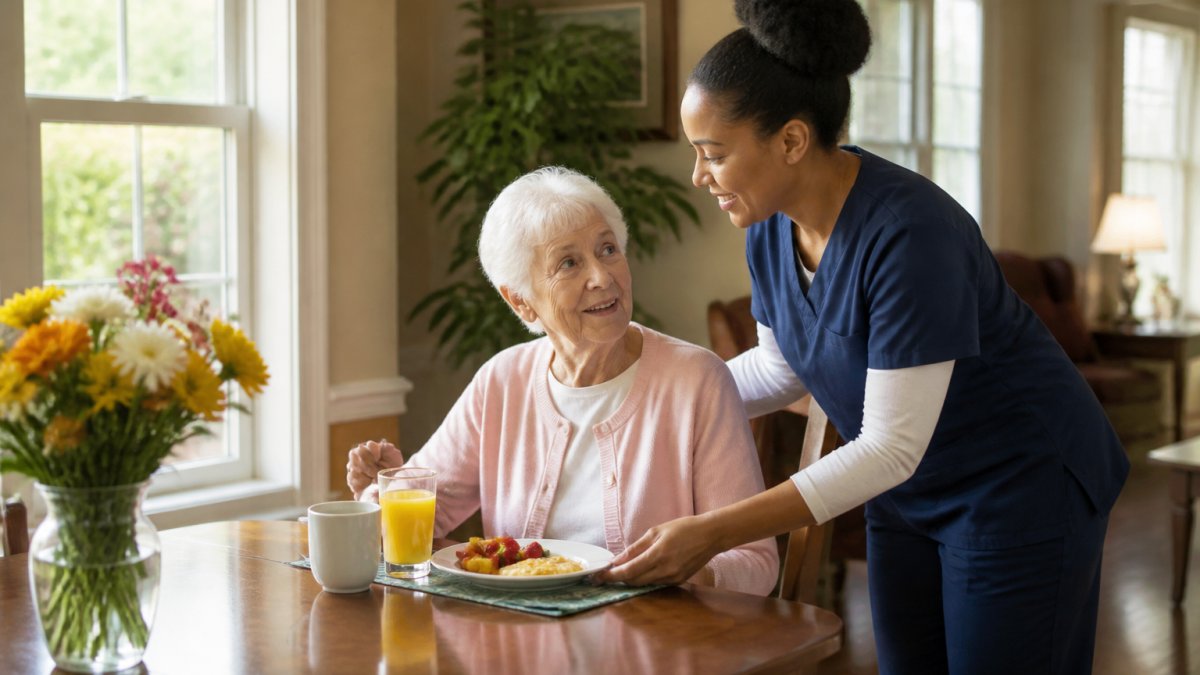 Caregiver assisting older resident with breakfast at a wooden dining table with natural morning light streaming through windows, warm home-like setting with fresh flowers