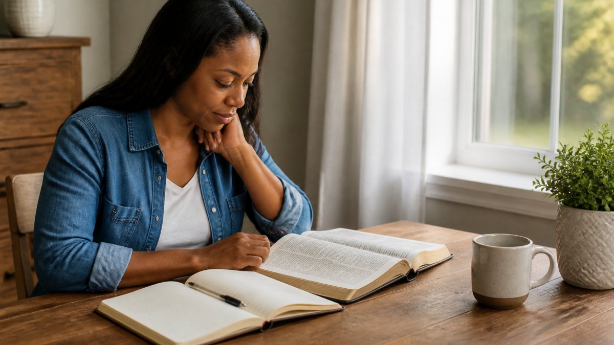 A woman sitting at a wooden table with an open Bible, a journal, and a pen, natural light from a window, peaceful morning atmosphere