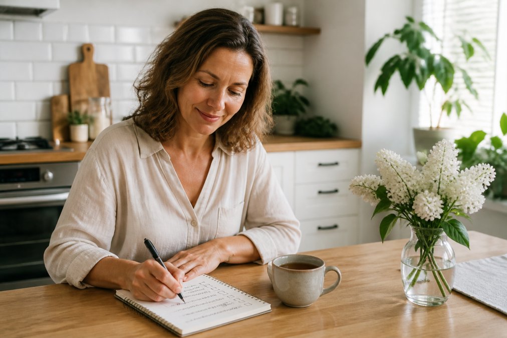 A woman in her 40s sitting at a bright kitchen table, smiling while checking items off a handwritten self-care checklist on a notepad next to a cup of tea